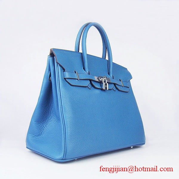 Hermes 35cm Embossed Veins Leather Bag Bule 6089 Silver Hardware